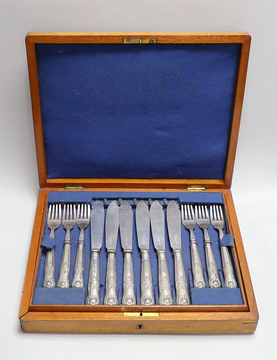 A 19th century rosewood tea caddy and a cased set of 12 plated fish servers, caddy 18cms wide x 14cms high